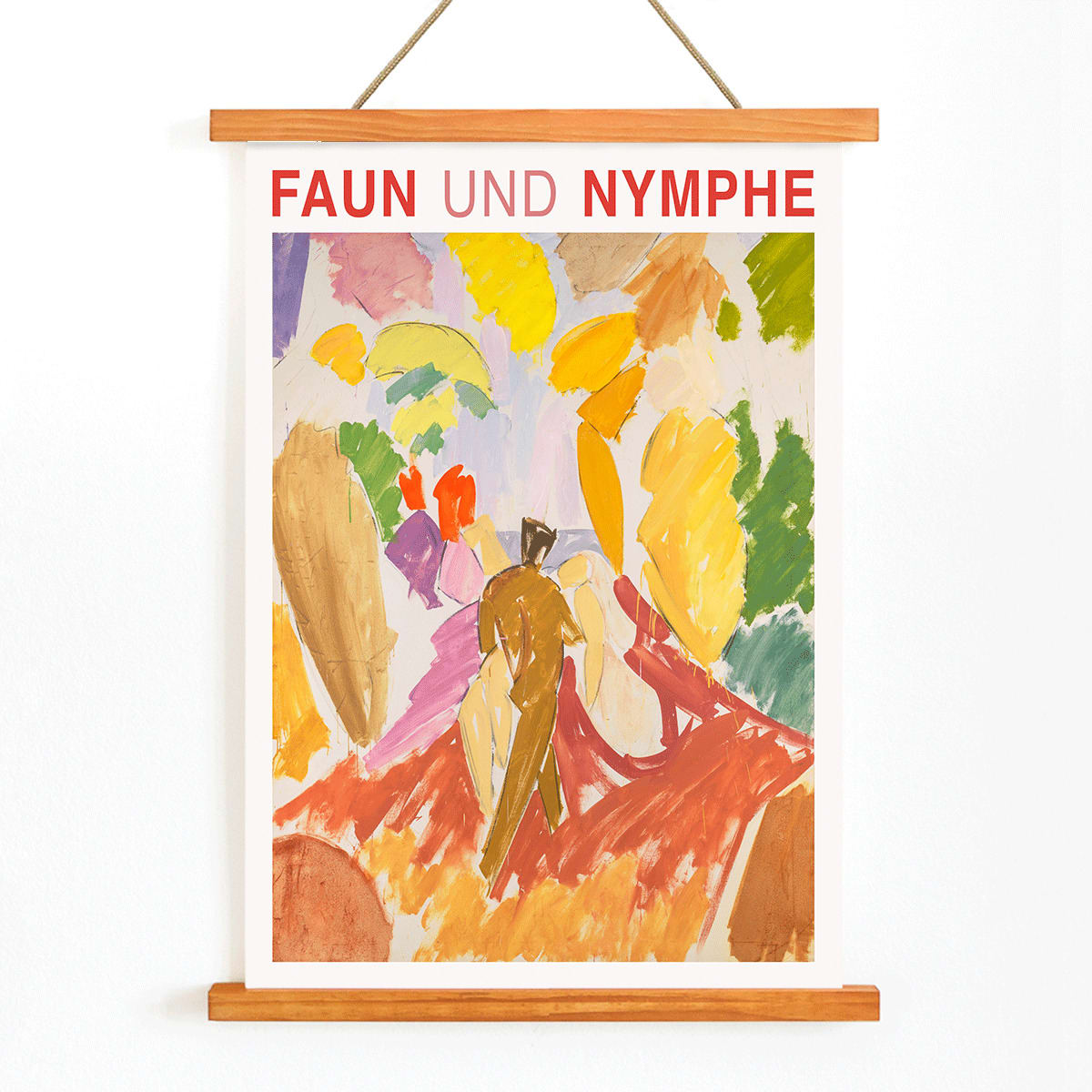 Faun and Nymphe by Edvard Weie vibrant abstract painting poster with colorful brushstrokes and bold figures, with wooden magnetic frame on white background