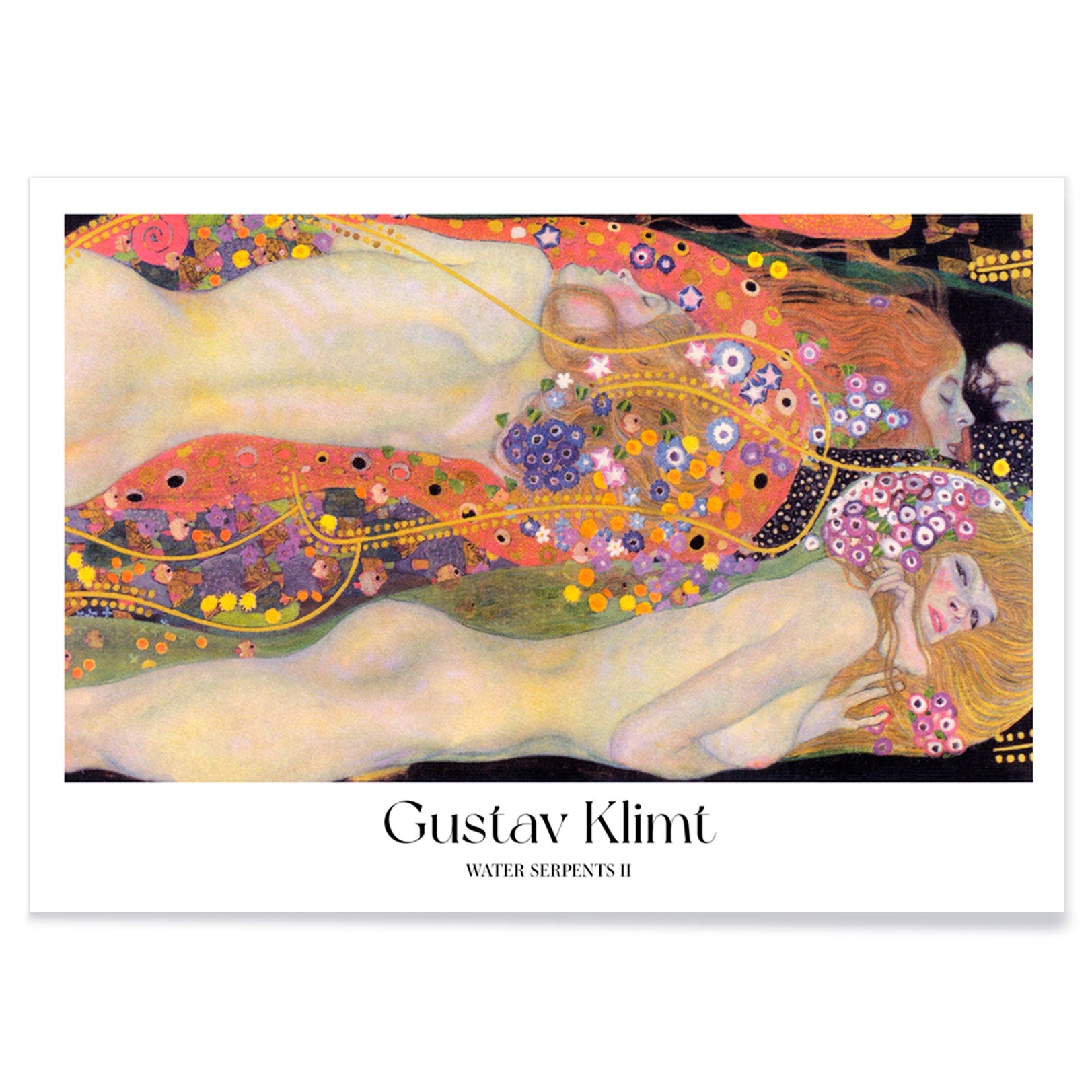 Gustav Klimt Water Serpents II colorful Art Nouveau painting and poster featuring intertwined nude women with vibrant floral and gold decorative patterns, with black aluminium frame on white background