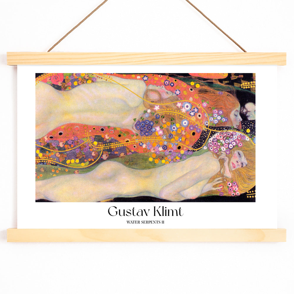 Gustav Klimt Water Serpents II colorful Art Nouveau painting and poster featuring intertwined nude women with vibrant floral and gold decorative patterns, with wooden magnetic frame on white background