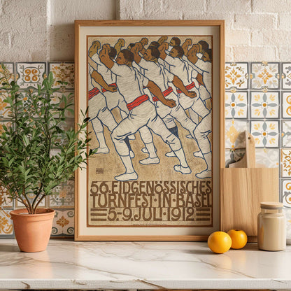 Federal Gymnastics Festival in Basel by Eduard Renggli showing male athletes in white uniforms with red sashes performing synchronized movements in formation, framed and displayed in modern living room decor