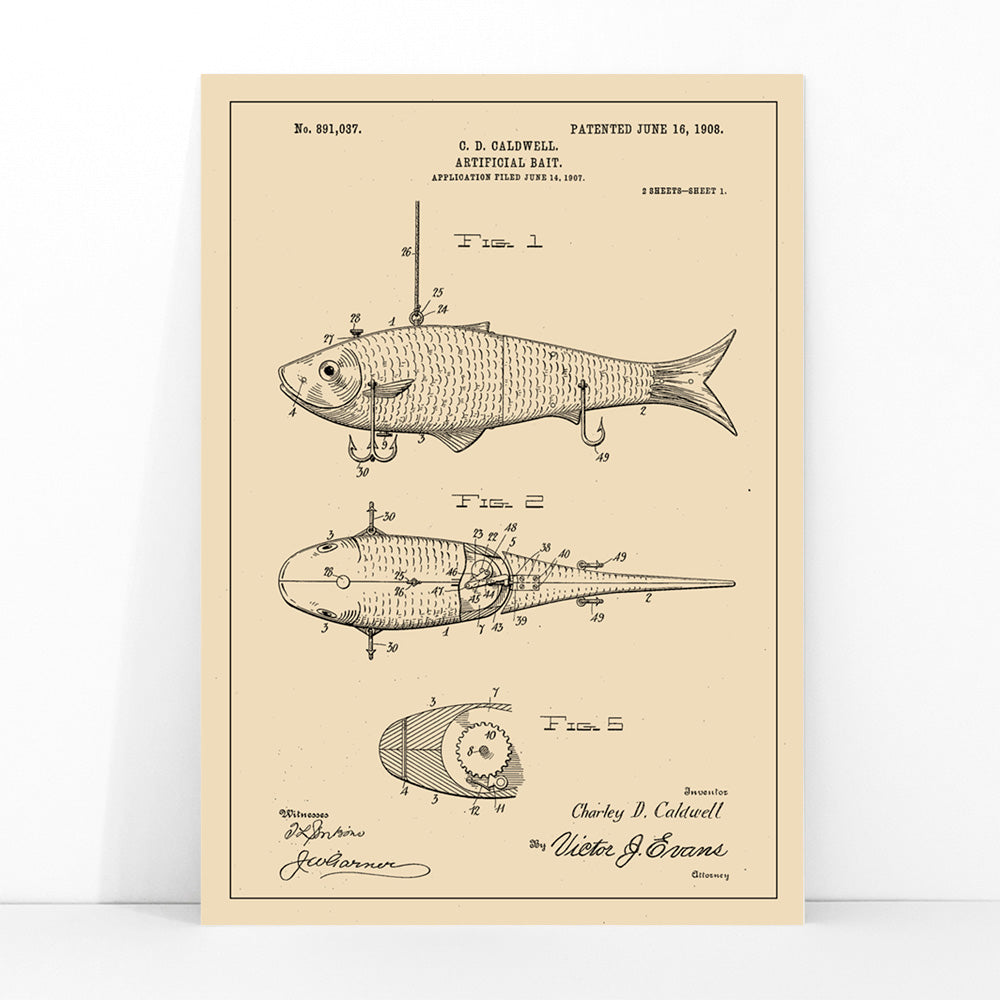Artificial Bait Patent by C D Caldwell detailed vintage fish lure illustration and mechanical design poster artwork, framed and displayed in modern living room decor