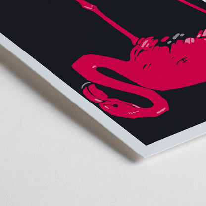 Closeup detail of Ludwig Hohlwein poster of a pink flamingo on dark background for Zoologischer Garten München