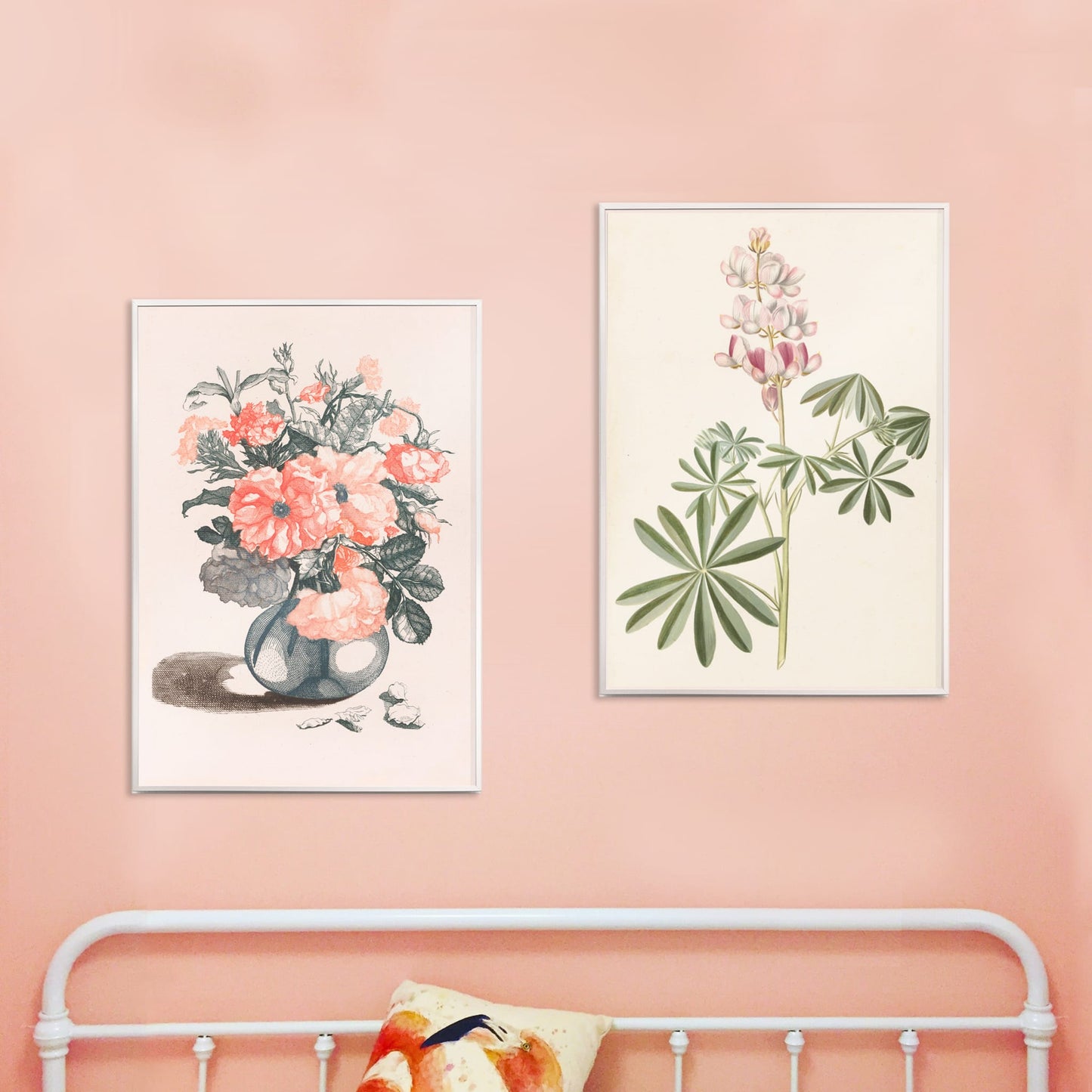 Glass vase with pink flowers and scattered petals still life poster inspired by Jean Baptiste Monnoyer, framed and displayed in home decor