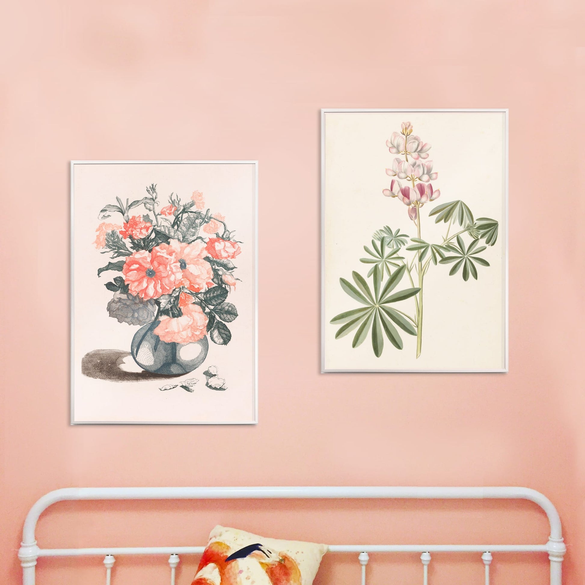Glass vase with pink flowers and scattered petals still life poster inspired by Jean Baptiste Monnoyer, framed and displayed in home decor