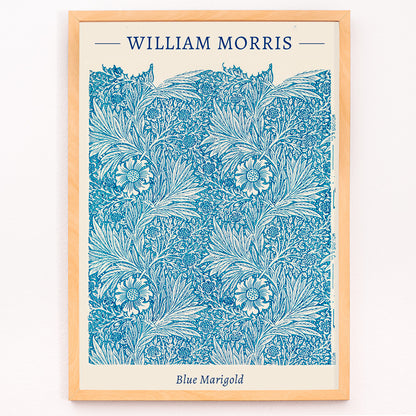 Closeup detail of Blue Marigold illustration by William Morris featuring intricate blue floral patterns and leafy designs poster and artwork