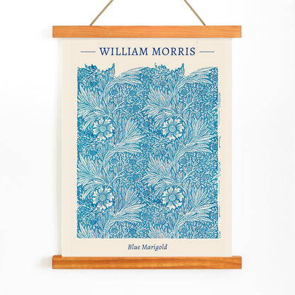 Blue Marigold illustration by William Morris featuring intricate blue floral patterns and leafy designs poster and artwork, with wooden magnetic frame on white background