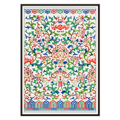 Chinese botanical illustration and botanical poster by Owen Jones from Examples of Chinese Ornament featuring intricate floral patterns and vibrant colors, with black aluminium frame on white background