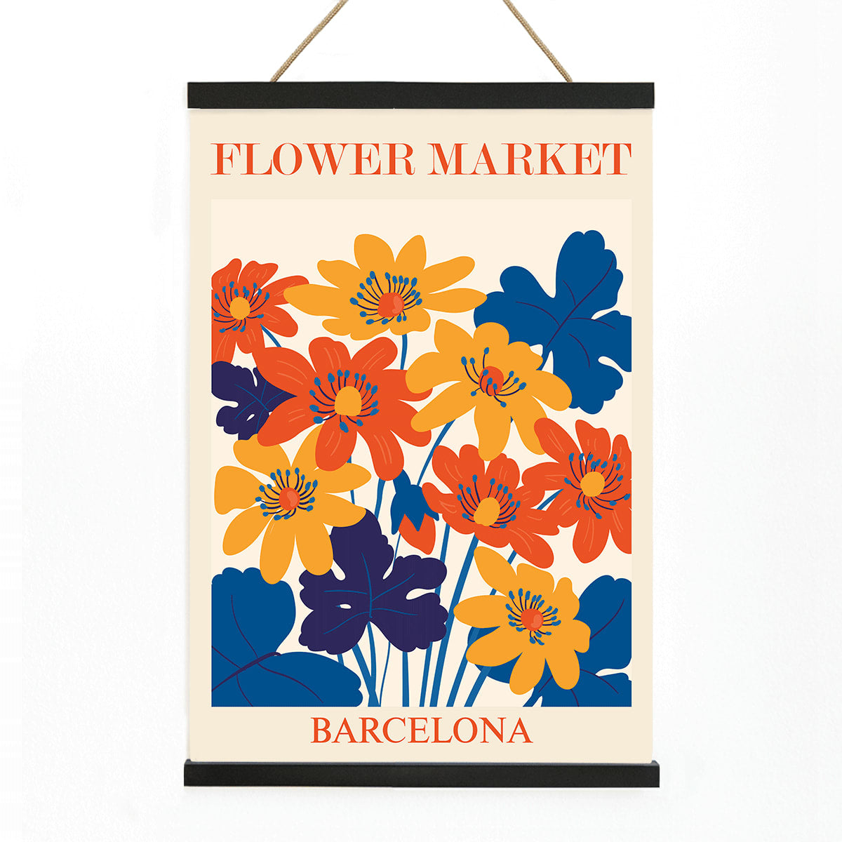 Vibrant orange yellow and blue flower artwork poster titled Flower Market Barcelona by artist Moryarty with text displayed at top and bottom, with wooden magnetic frame on white background
