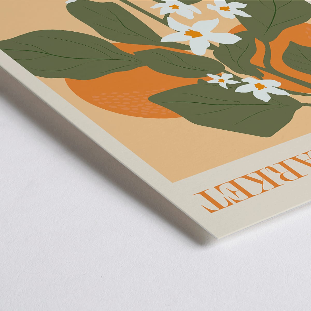Closeup detail of Flower Market Valencia by Moryarty poster illustration with green leaves and white flowers on orange background