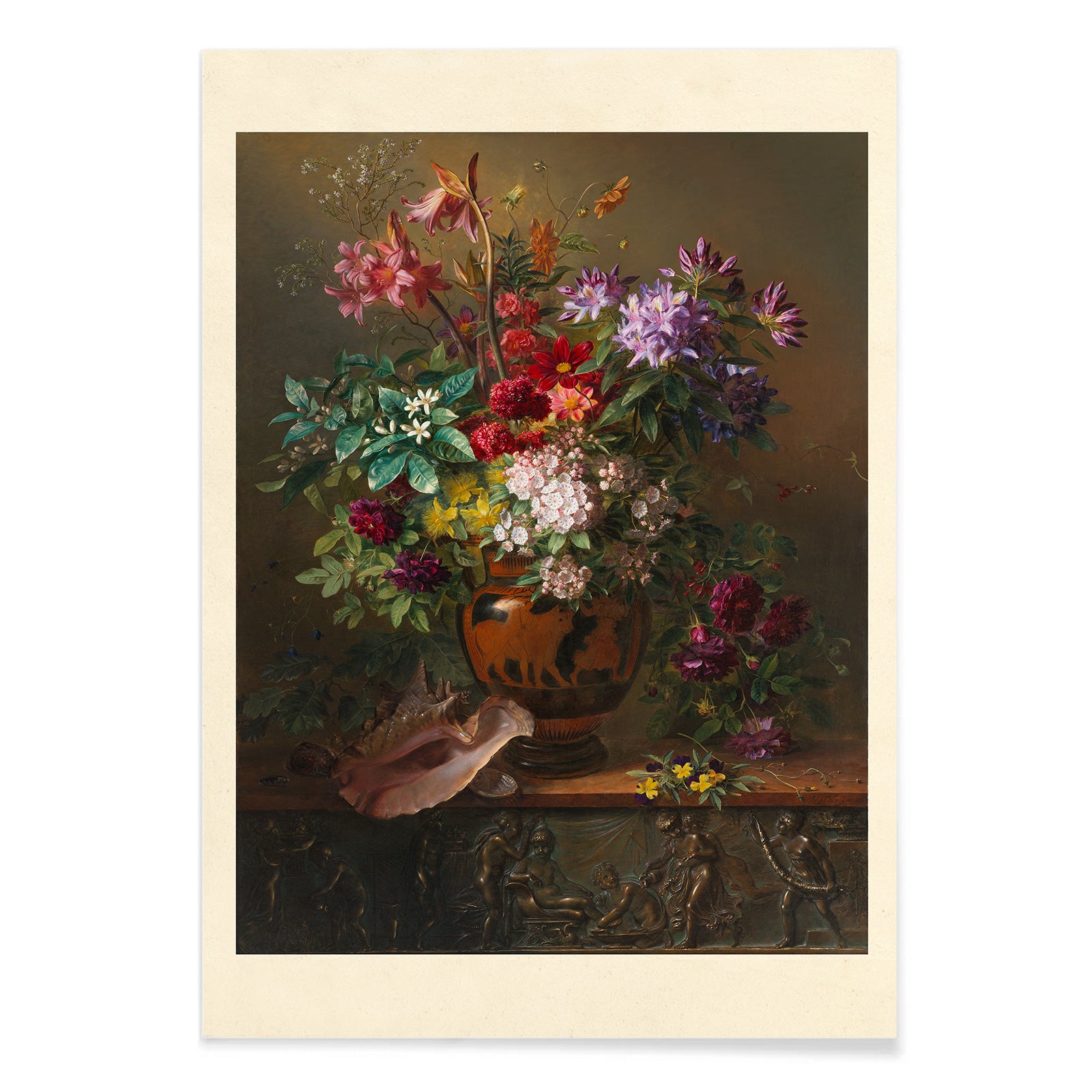 Vibrant spring flowers in a Greek vase Still Life with Flowers in a Greek Vase Allegory of Spring by Georgius Jacobus Johannes van Os poster vibrant bouquet artwork, with black aluminium frame on white background