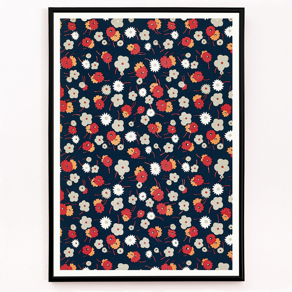 Closeup detail of Colorful floral pattern poster with white gray pink and red flowers on dark background by Charles Goy