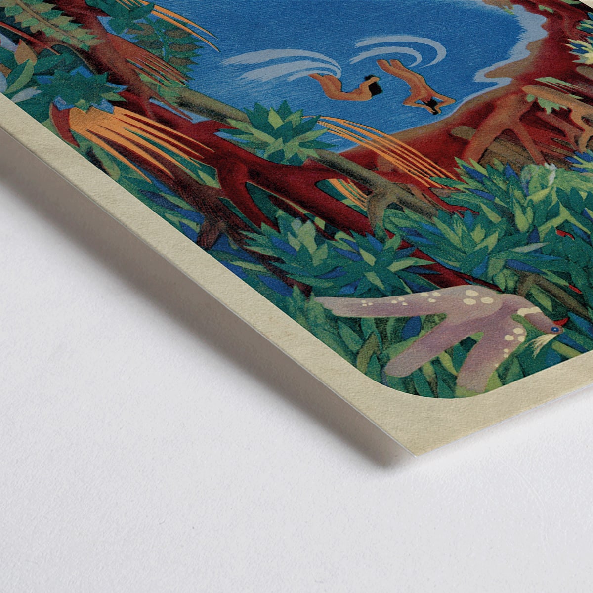 Closeup detail of Vibrant forest scene with pond and wildlife by Carlos Merida cover art and poster from Mexican Art and Life