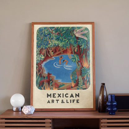 Vibrant forest scene with pond and wildlife by Carlos Merida cover art and poster from Mexican Art and Life, framed and displayed in modern living room decor