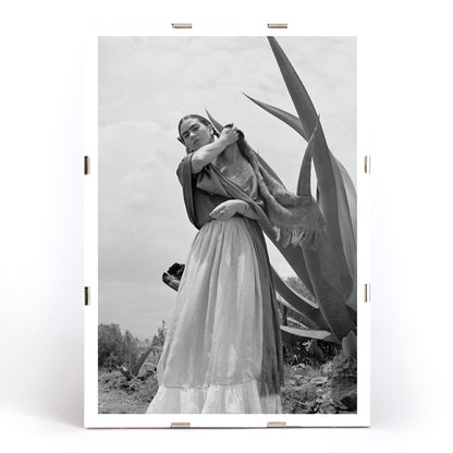 Frida Kahlo Senora Diego Rivera standing beside agave plant by Toni Frissell black and white artwork poster, framed and displayed in modern living room decor