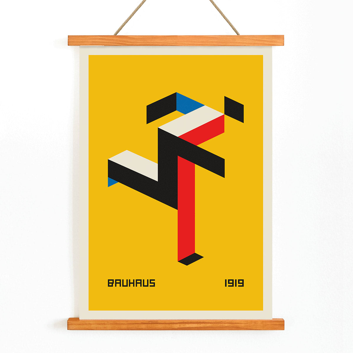 Geometric abstract art poster with red black white and blue shapes on yellow background by Bauhaus titled Bauhaus 20, with wooden magnetic frame on white background