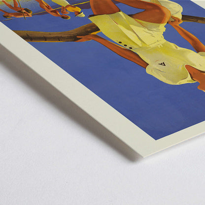 Closeup detail of Vintage travel poster by Percival Albert Trompf showing a woman sitting on a branch at the Great Barrier Reef with people enjoying the beach in the background