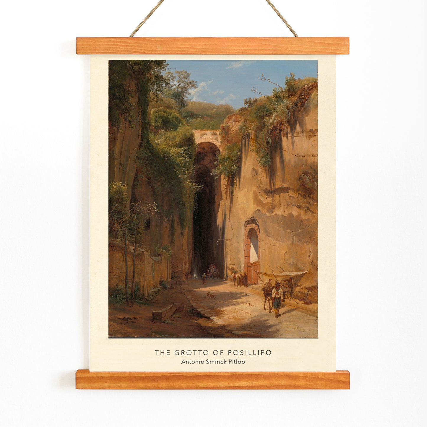 The Grotto of Posillipo by Antonie Sminck Pitloo scenic landscape with people animals stone archway cliffs and dramatic rocky tunnel entrance, with wooden magnetic frame on white background