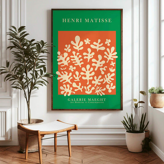Henri Matisse artwork at Galerie Maeght featuring orange cut outs and abstract shapes on an orange background poster, framed and displayed in home decor