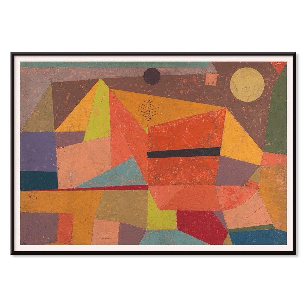 Joyful Mountain Landscape by Paul Klee vibrant abstract colors geometric shapes poster of mountainous scene, with black aluminium frame on white background