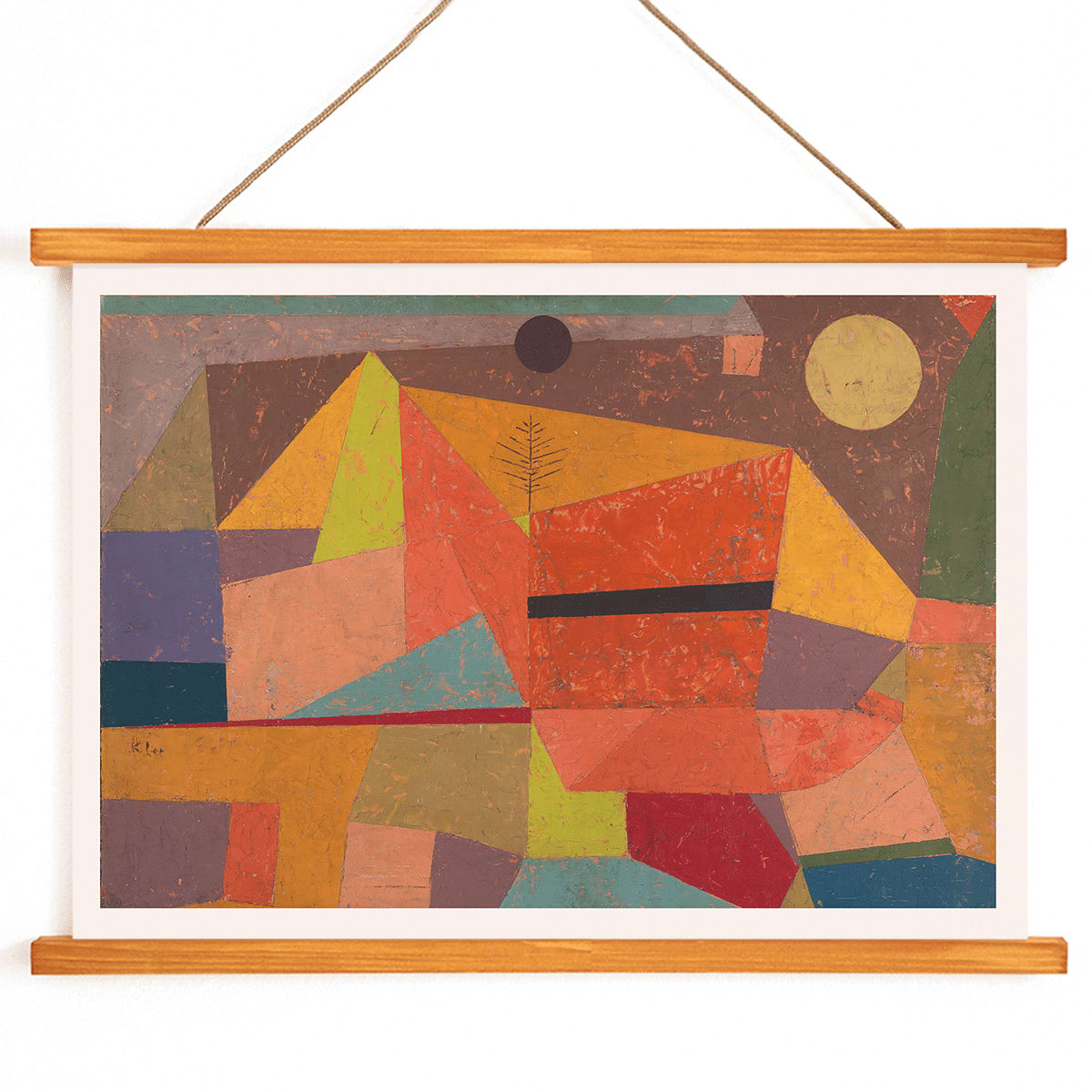 Joyful Mountain Landscape by Paul Klee vibrant abstract colors geometric shapes poster of mountainous scene, with wooden magnetic frame on white background