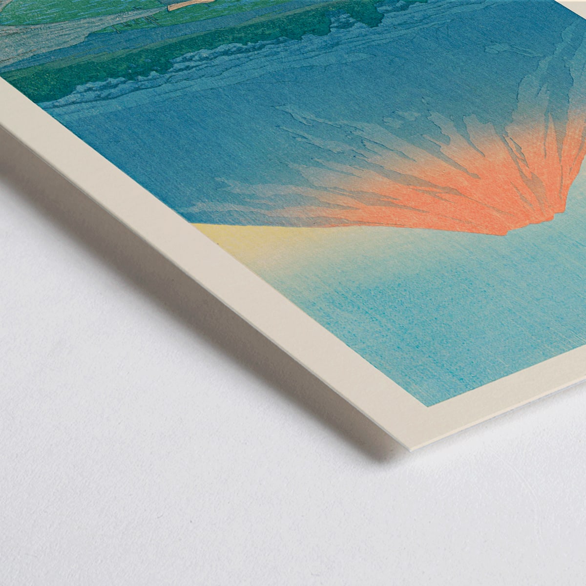 Closeup detail of Serene sunrise over Lake Yamanaka with Mount Fuji at dawn by Kawase Hasui Japanese art poster