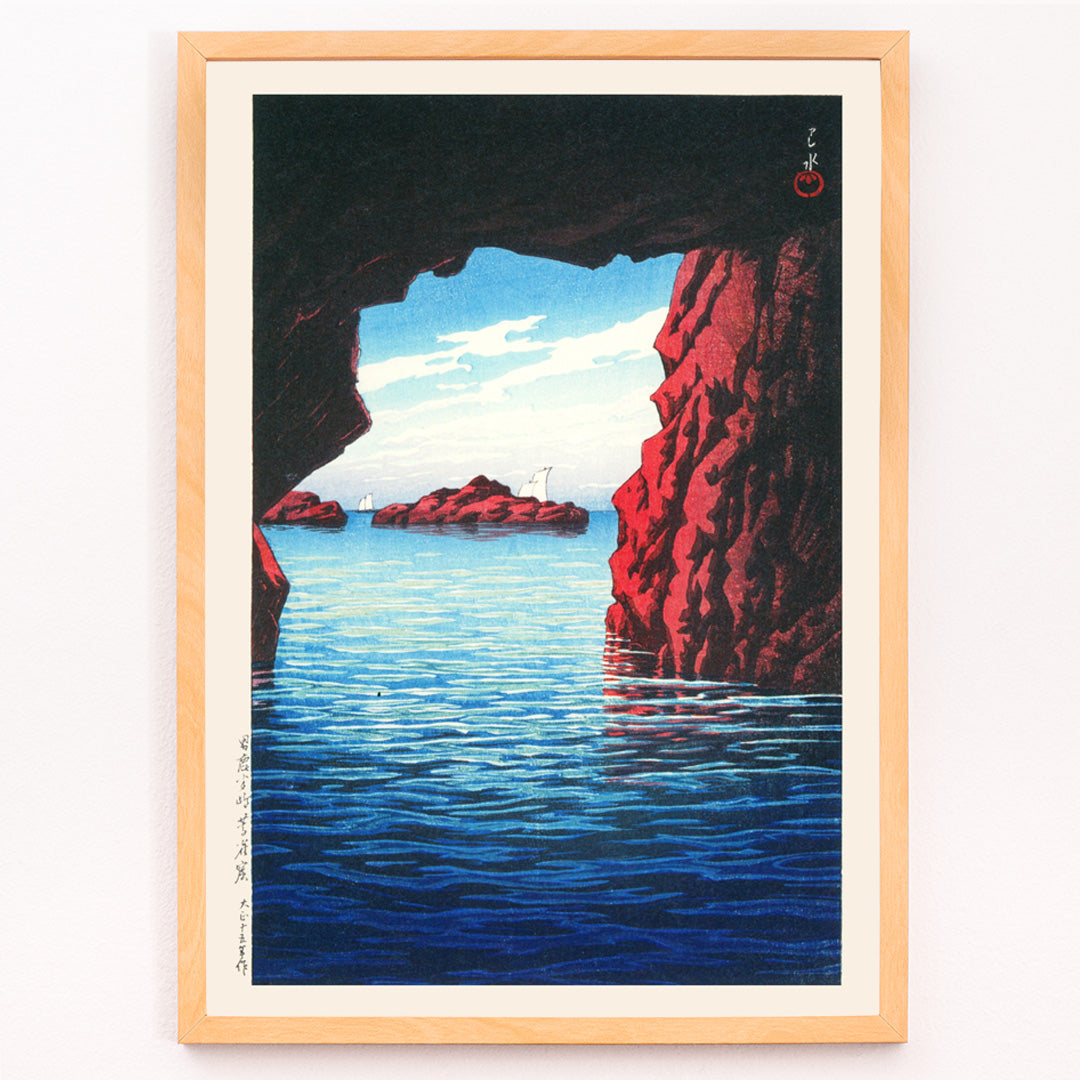 Closeup detail of Kojaku Cavern Oga Peninsula sea cave with blue water and red cliffs vibrant sea cliffs and water by Kawase Hasui