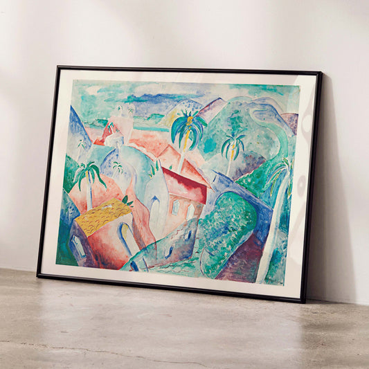 Colorful abstract Cuban landscape painting by Paul Gaulois featuring palm trees and vibrant houses in a tropical scenic setting poster, framed and displayed in home decor