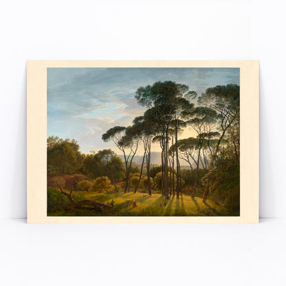 Italian landscape with umbrella pines and distant hills by Hendrik Voogd poster scenic countryside art, framed and displayed in modern living room decor