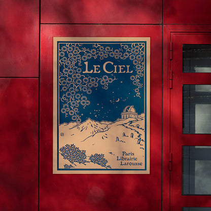 Art poster of a night sky with observatory and floral patterns from Le Ciel Nouvelle Astronomie Pittoresque by Alphonse Berget, framed and displayed in modern living room decor