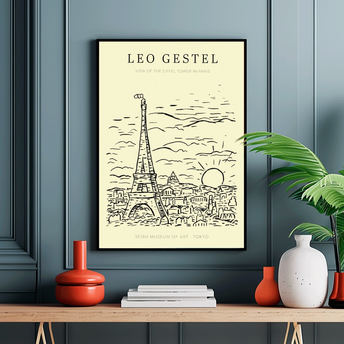 Artwork by Leo Gestel View of the Eiffel Tower in Paris sketch of Eiffel Tower and cityscape poster, framed and displayed in modern living room decor