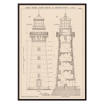 Section and elevation drawing of the Lighthouse at Destruction Island Washington by James G Hill poster, with black aluminium frame on white background