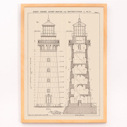 Section and elevation drawing of the Lighthouse at Destruction Island Washington by James G Hill poster, framed and displayed in modern living room decor