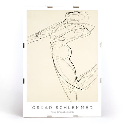 Abstract line drawing poster of a human figure bending backwards by Oskar Schlemmer from Figure Bending Backwards, framed and displayed in modern living room decor