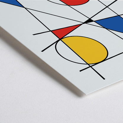 Closeup detail of Colorful geometric shapes and intersecting lines in yellow red and blue abstract poster titled Geometric Lines and Colors 2 by Anonymous