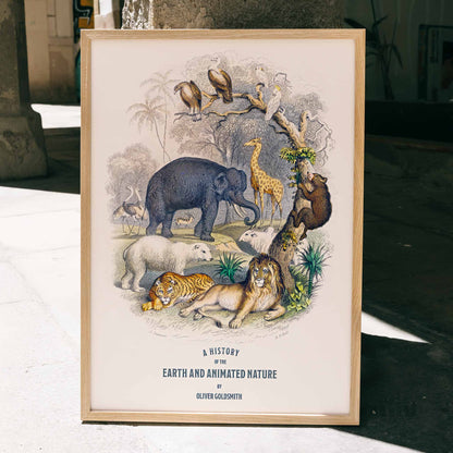 Wild animals and birds illustrated on the cover of A history of the earth and animated nature by Oliver Goldsmith poster, framed and displayed in home decor