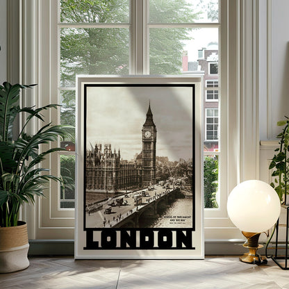 Vintage view and poster of Houses of Parliament and Big Ben in London by Dixon Scott featuring iconic landmarks with sepia toned imagery, framed and displayed in home decor