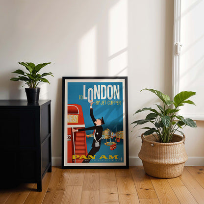 Vintage Pan Am Airlines poster artwork featuring a flight attendant and double decker bus promoting travel to London by Jet Clipper, framed and displayed in modern living room decor