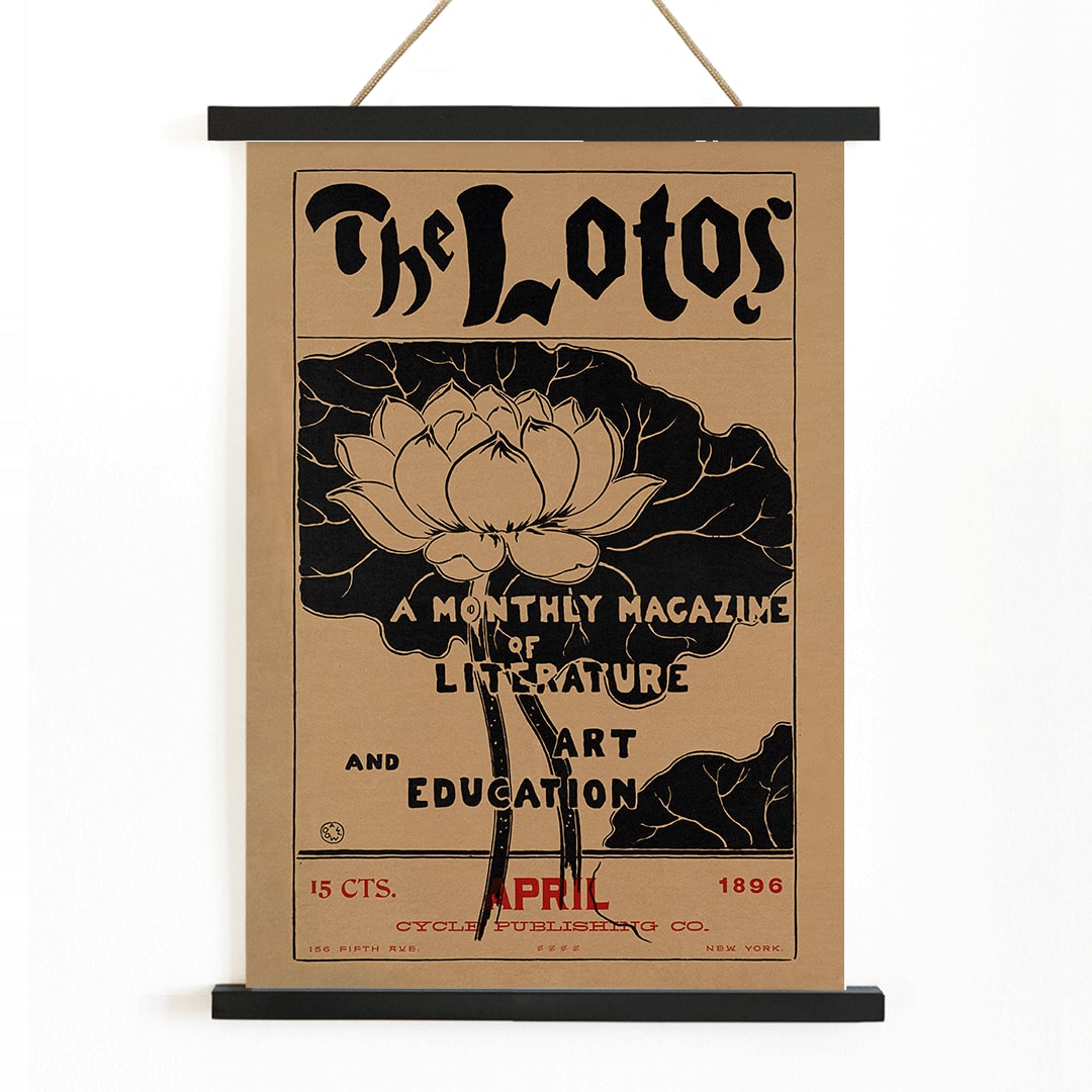 The Lotos monthly magazine cover and poster by Arthur Wesley Dow featuring lotus flower illustration and art education themed typography, with wooden magnetic frame on white background