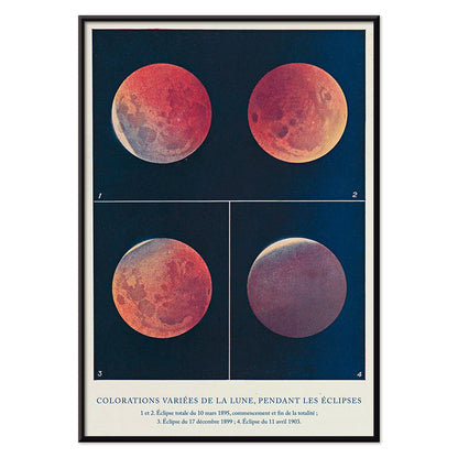 Lunar color variations during eclipses illustration and poster from Colorations variees de la Lune by Alphonse Berget, with black aluminium frame on white background