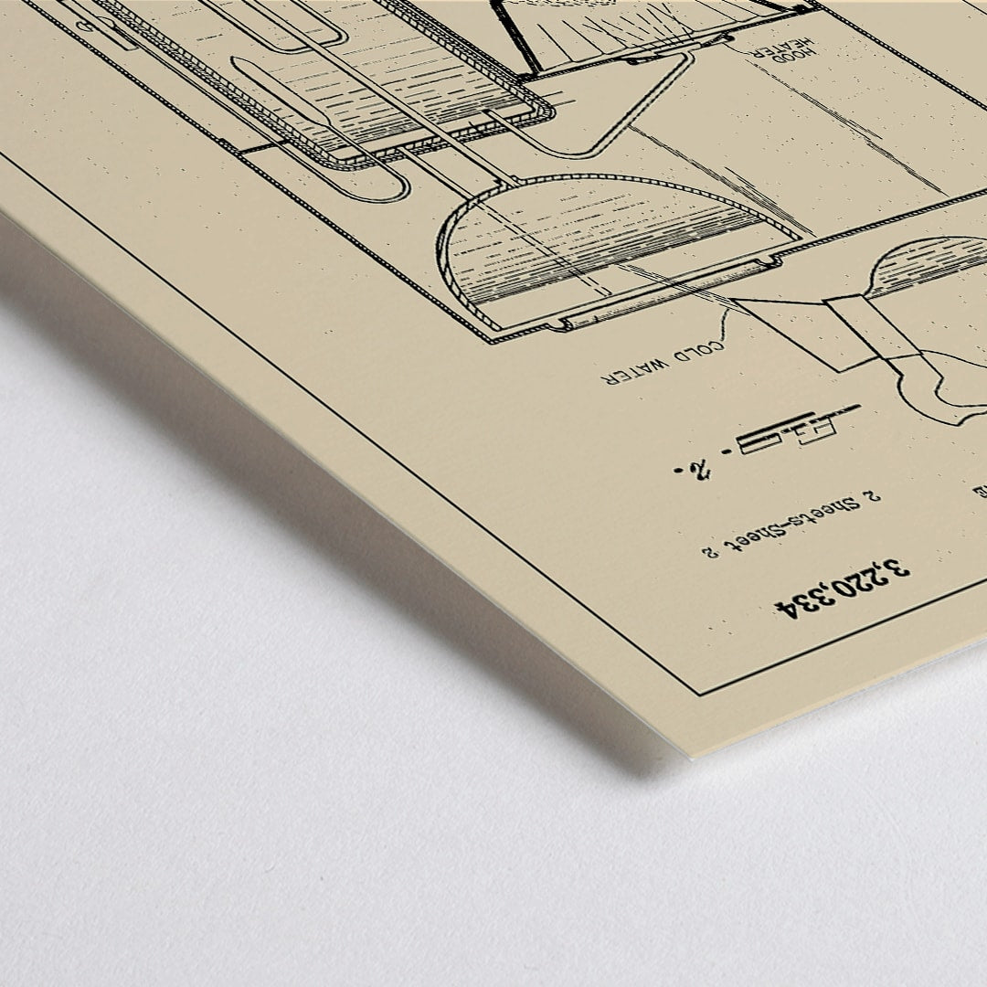 Closeup detail of Vintage coffee making machine patent drawing and technical poster by JC Martin with labeled components and mechanisms