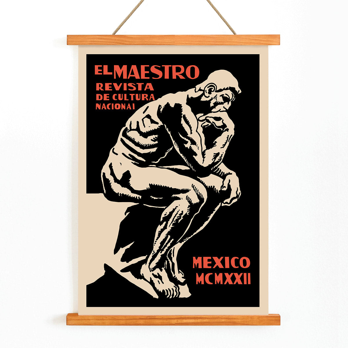 El Maestro Revista de Cultura Nacional Magazine cover and poster featuring a bold graphic thinker statue artwork, with wooden magnetic frame on white background