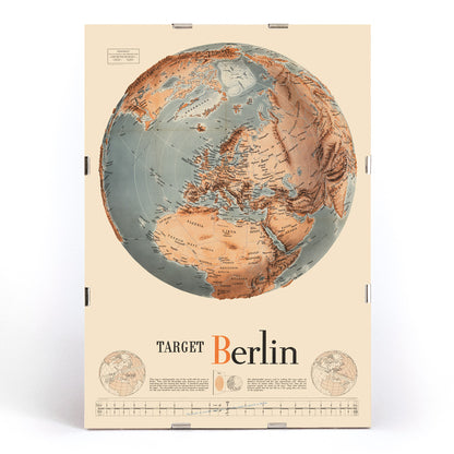 Vintage map illustration and poster of a globe centered on Europe and Africa with Target Berlin artwork Army Orientation Course by Manning FE, framed and displayed in modern living room decor