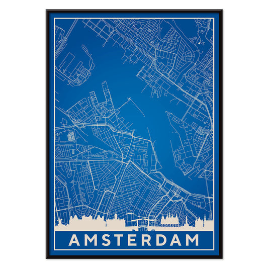 Amsterdam minimalist map artwork poster in blue and white showing detailed city streets and waterways, with black aluminium frame on white background