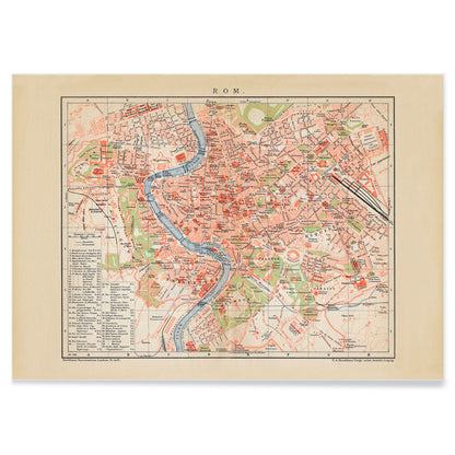 Ancient map of Rome by Bibliographic institute of Liepzig showing detailed city layout river neighborhoods and landmarks, with black aluminium frame on white background