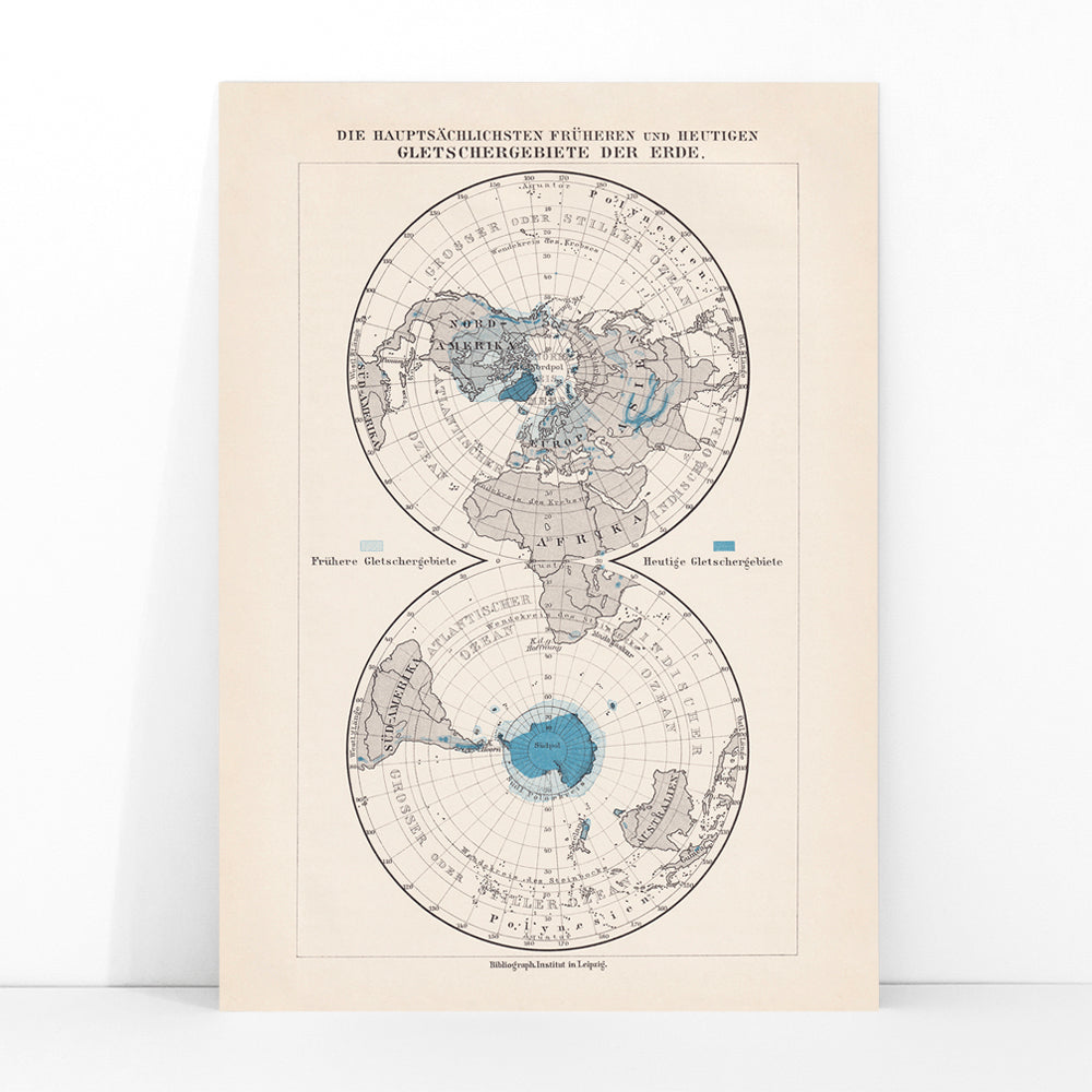Vintage polar regions and glacier map illustrated artwork of Earth poles by Bibliographic institute of Liepzig, framed and displayed in modern living room decor