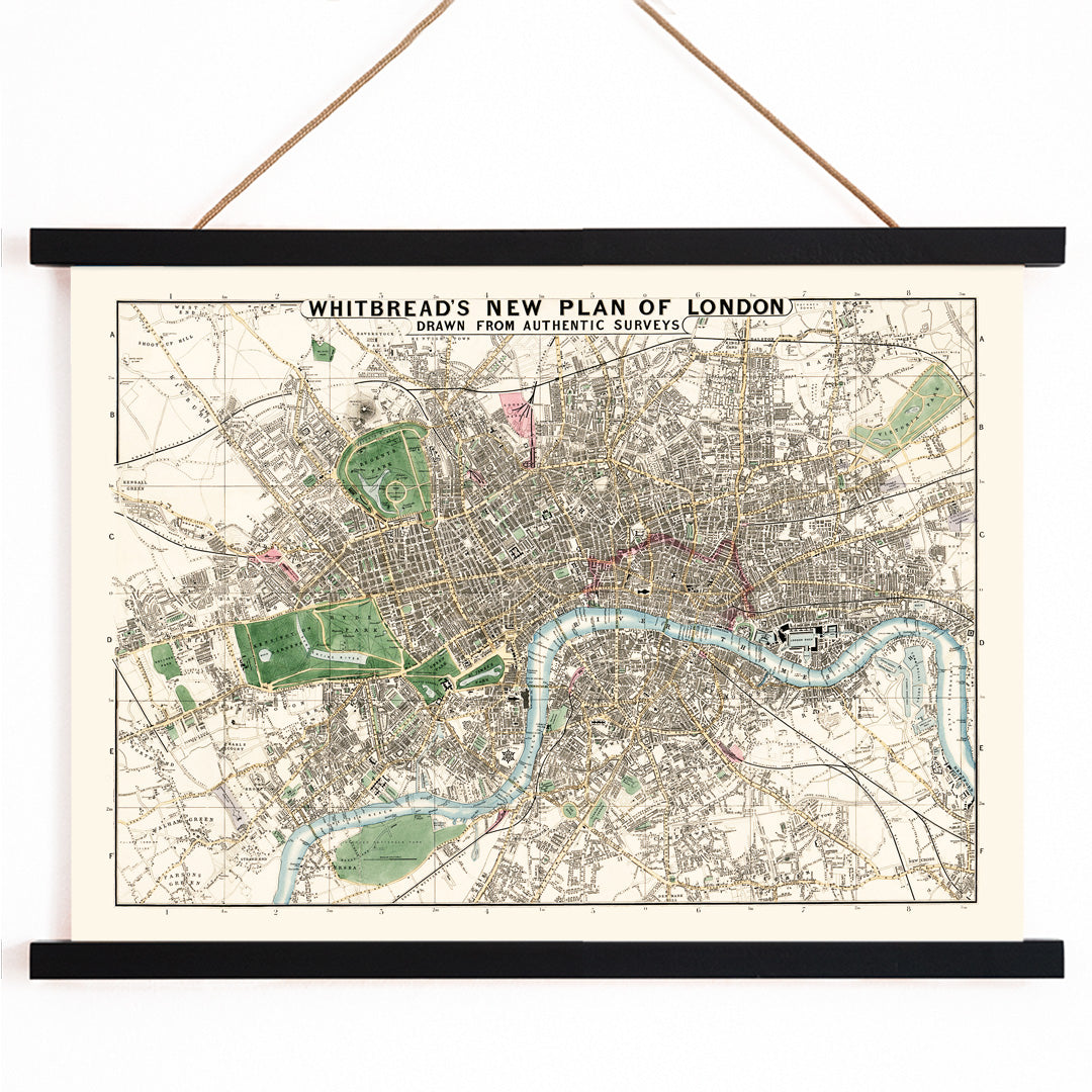 Vintage map of London by J Whitbread titled Whitbreads new plan of London showing streets and parks, with wooden magnetic frame on white background