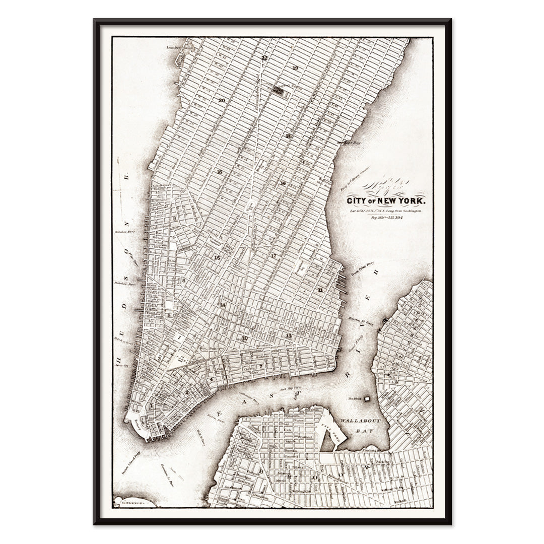 Vintage map of New York City showing detailed streets and layout from Library of Congress Geography and Map Division titled Map of the City of New York, with black aluminium frame on white background