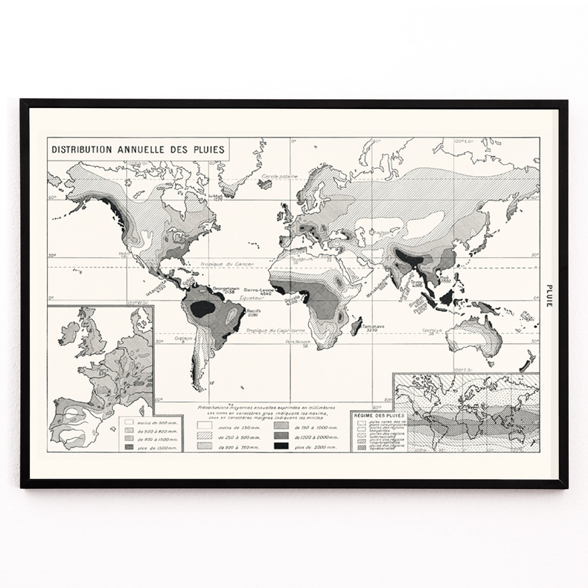Closeup detail of Black and white world map poster illustrating annual rainfall distribution patterns wall art