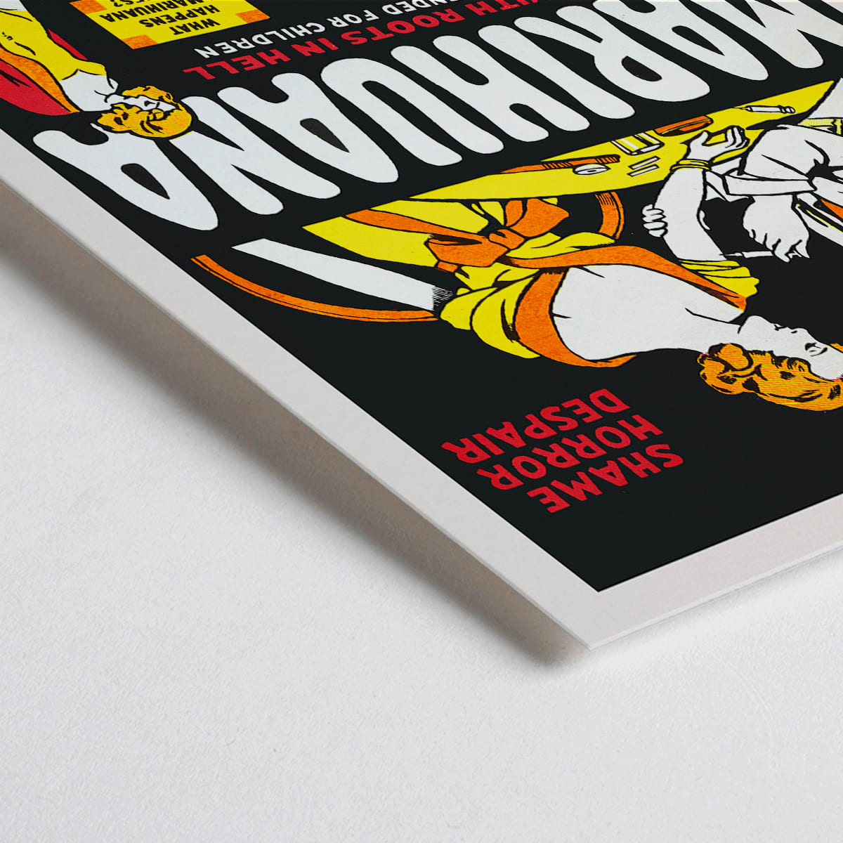 Closeup detail of Marihuana movie poster with dramatic illustrations cautionary captions and text highlighting the dangers and consequences of marijuana use