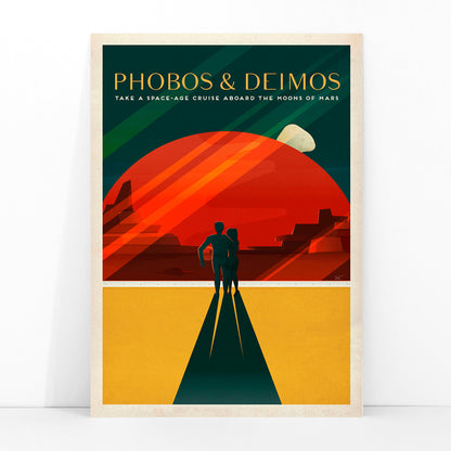 Couple walking toward red Mars landscape with moons Phobos and Deimos by SpaceX in retro style poster, framed and displayed in modern living room decor